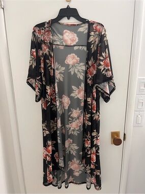 Black Floral Sheer Duster Boho Kimono - Pink Rose Print